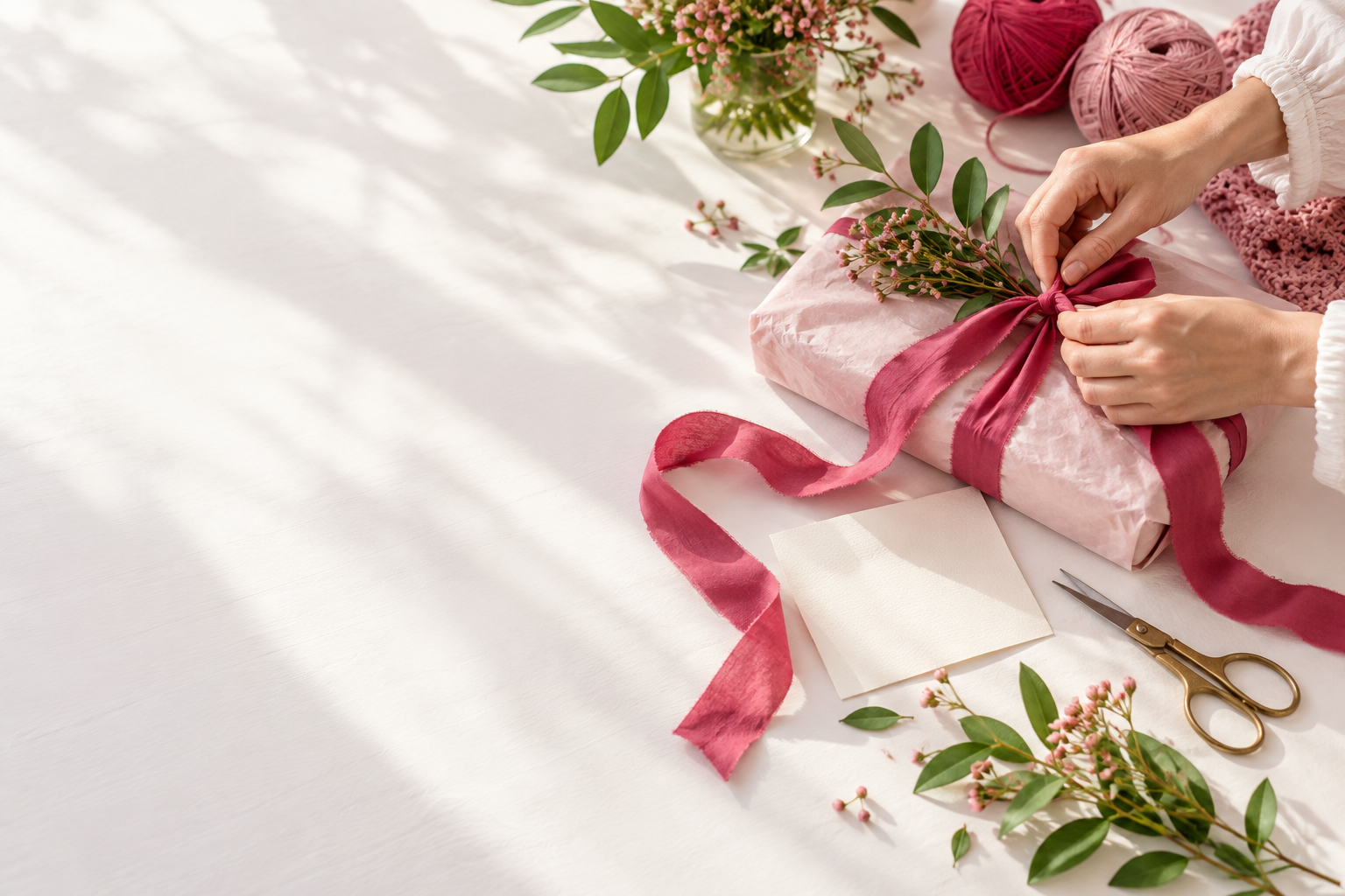 Brand concept: hands tying a berry ribbon around a gift beside yarn and flowers